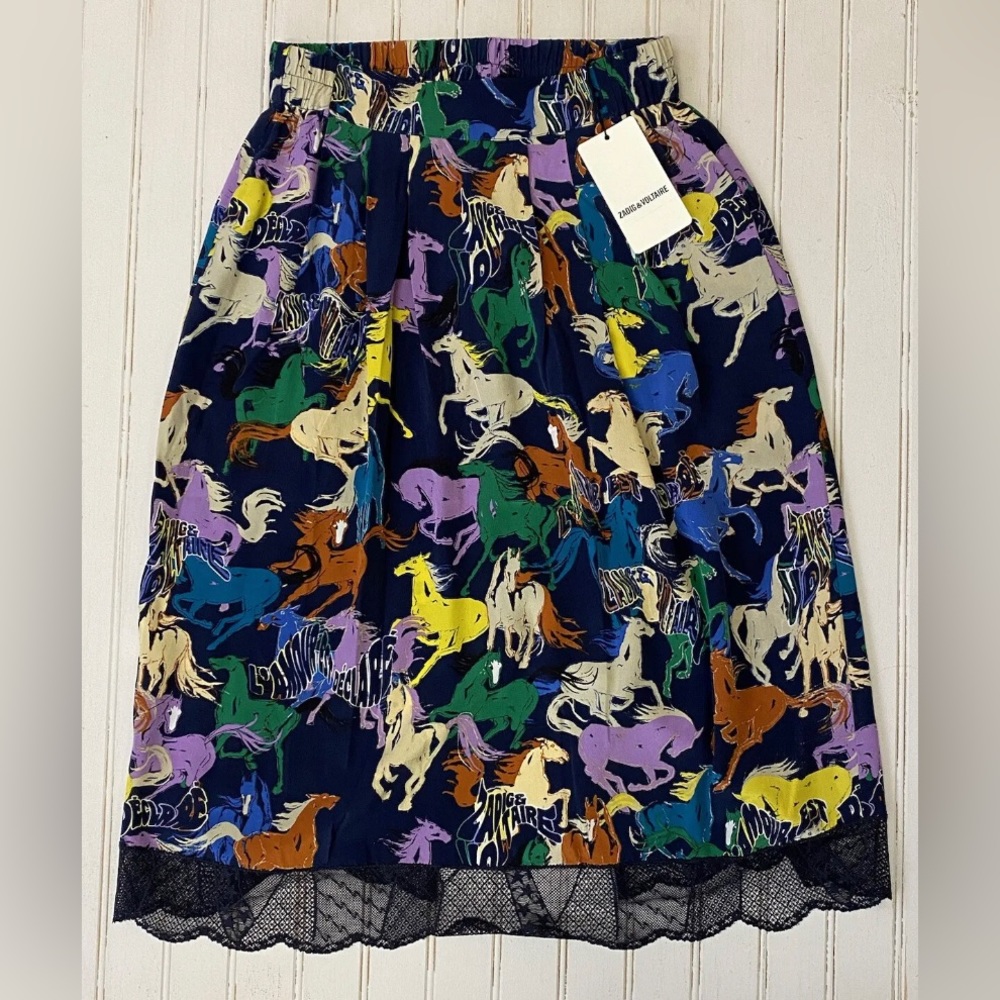 Zadig & Voltaire Women's Midi Lace Trim Skirt Jenny CDC Horses Blue Size 36 US S